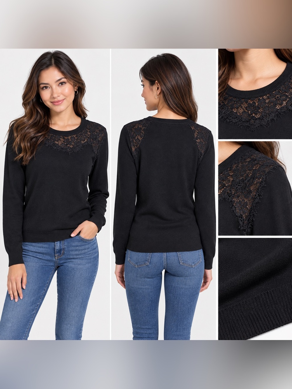 Cece By Cynthia Steffe Lace Yoke Crewneck Black Knit Long Sleeve Sweater Women L